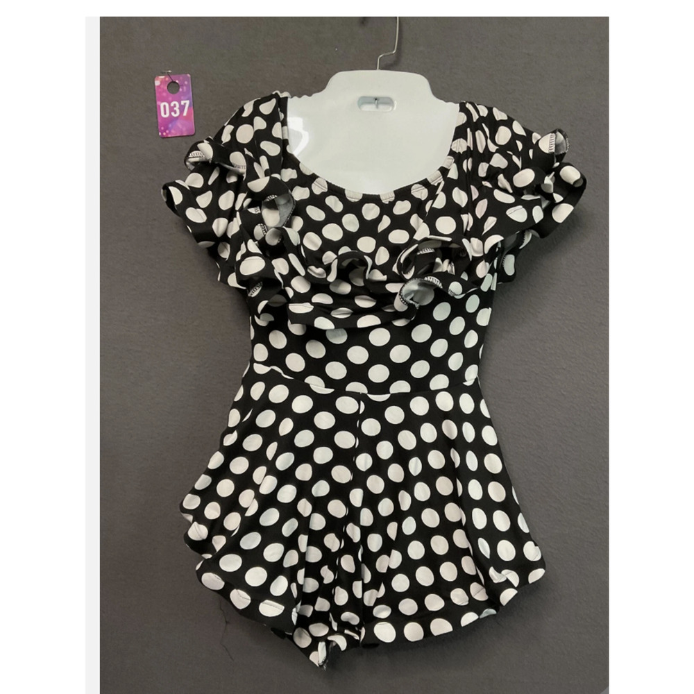 Highlight Romper Womens Small Black White Polka Dot Ruffle Short‎ Sleeve Dressy